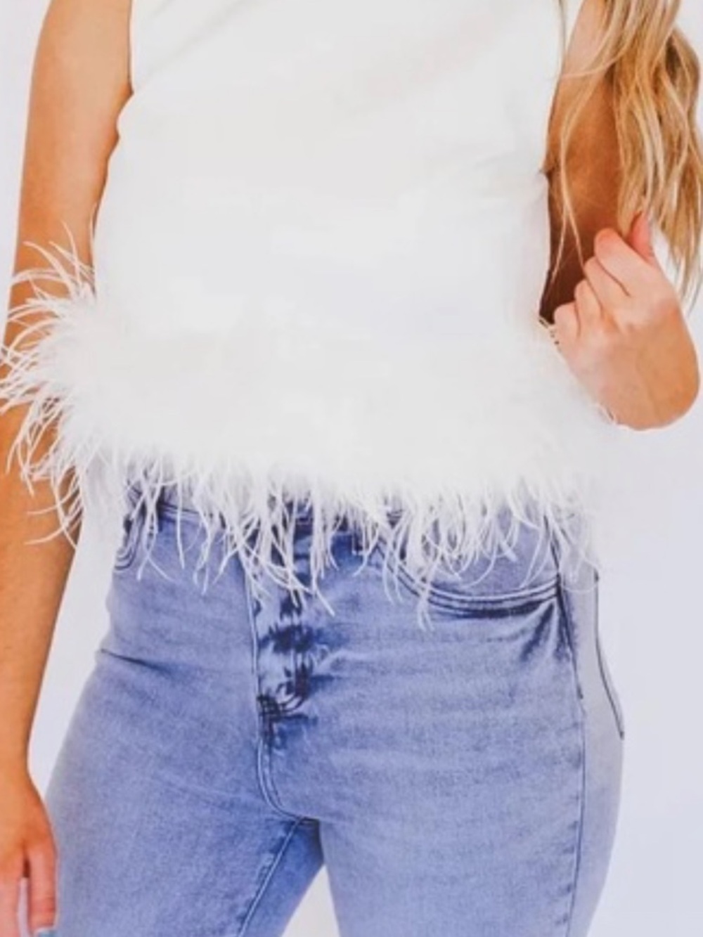 White Feather-Trim Sleeveless Camisole